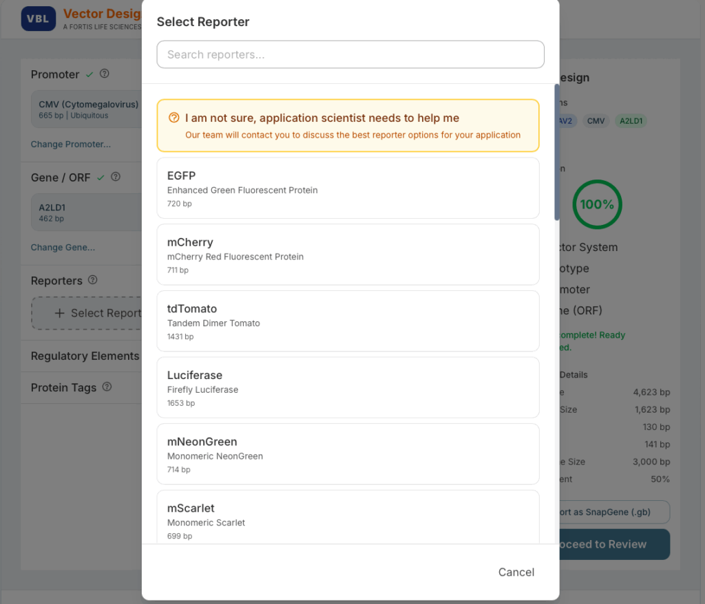 Select reporter | Vector Designer at Vector Biolabs